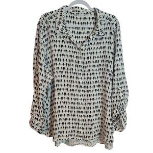 Jane & Delancy Bird Print Button Up Shirt Womens Size 3X White Black Lightweight
